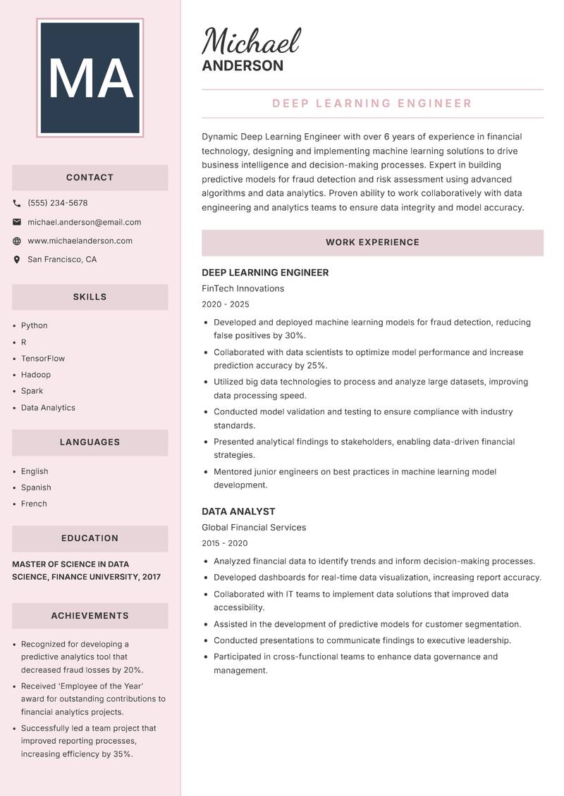 Deep Learning Engineer resume sample — Deep Learning Engineer focus