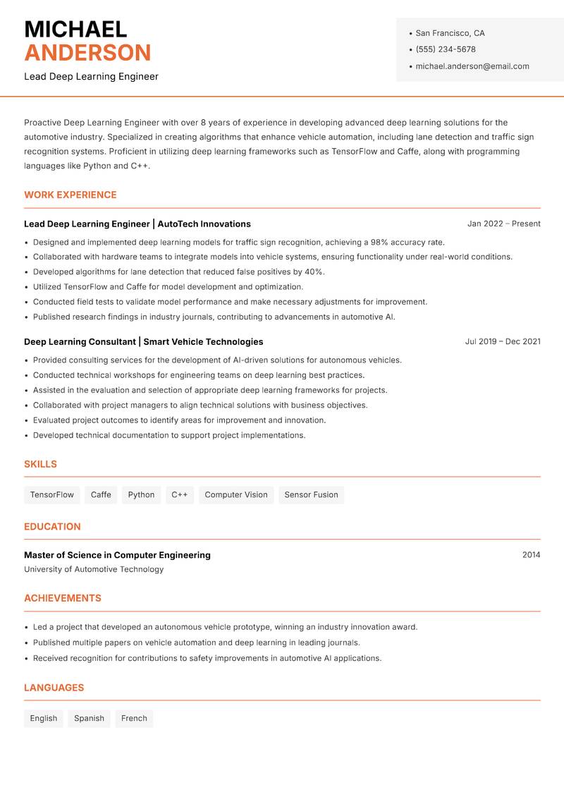 Deep Learning Engineer resume sample — Lead Deep Learning Engineer focus