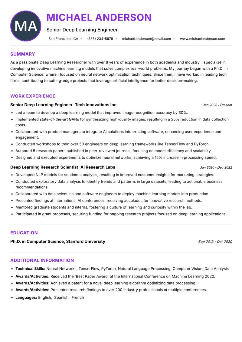 Deep Learning Researcher resume example