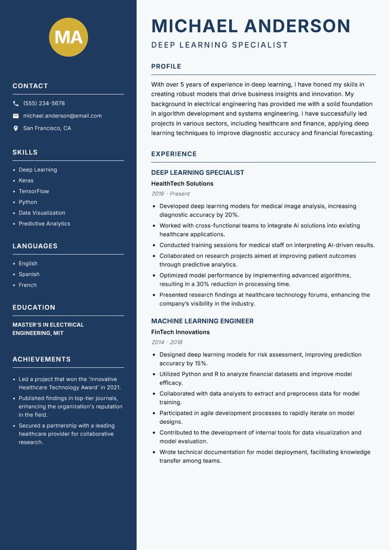 Deep Learning Researcher resume sample — Deep Learning Specialist focus