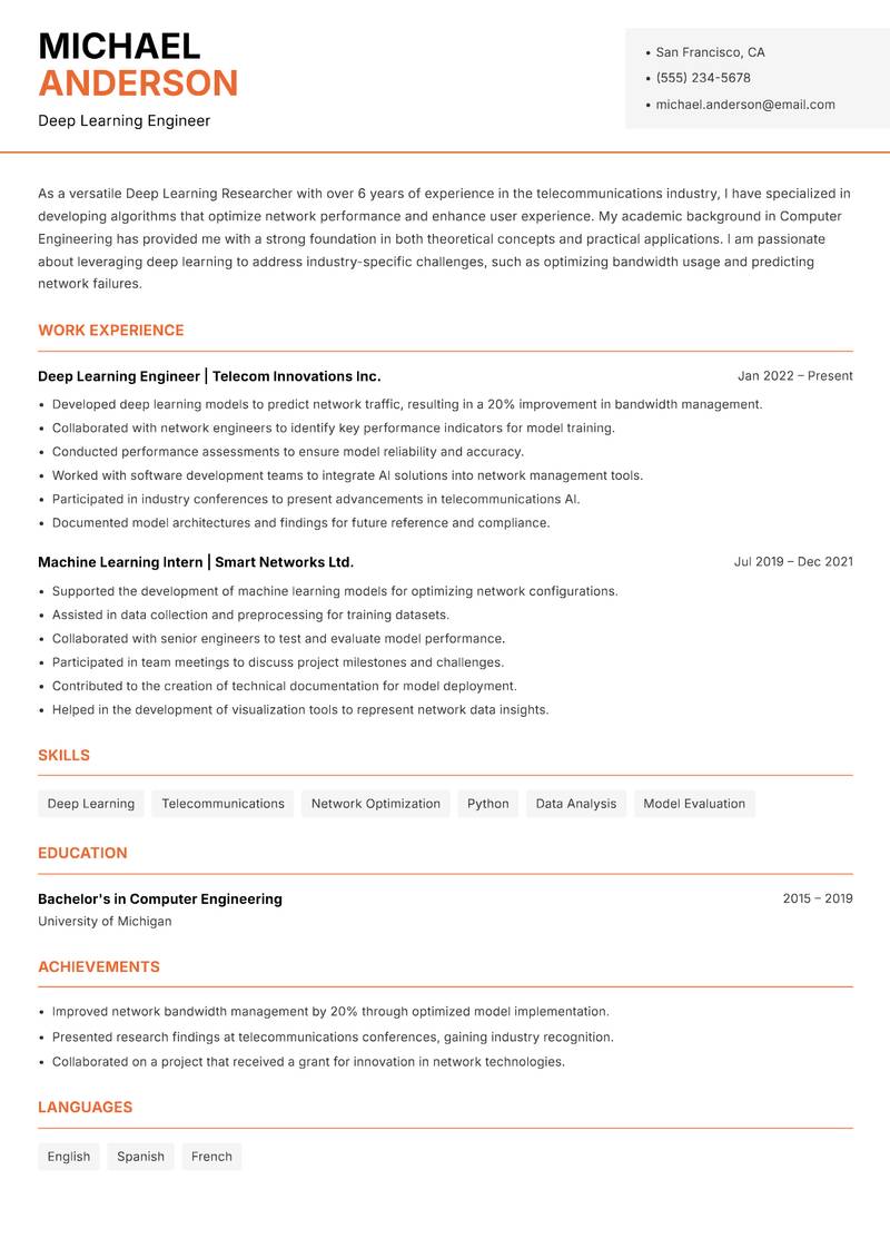 Deep Learning Researcher resume sample — Deep Learning Engineer focus