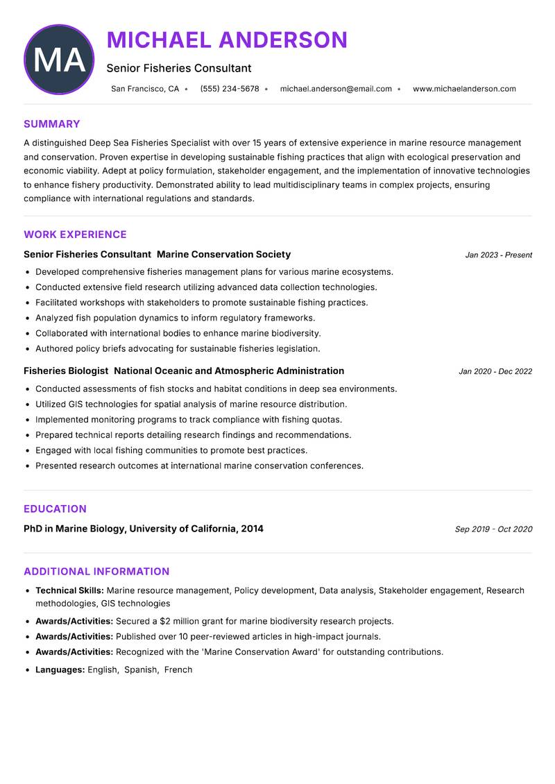 Deep Sea Fisheries Specialist resume example