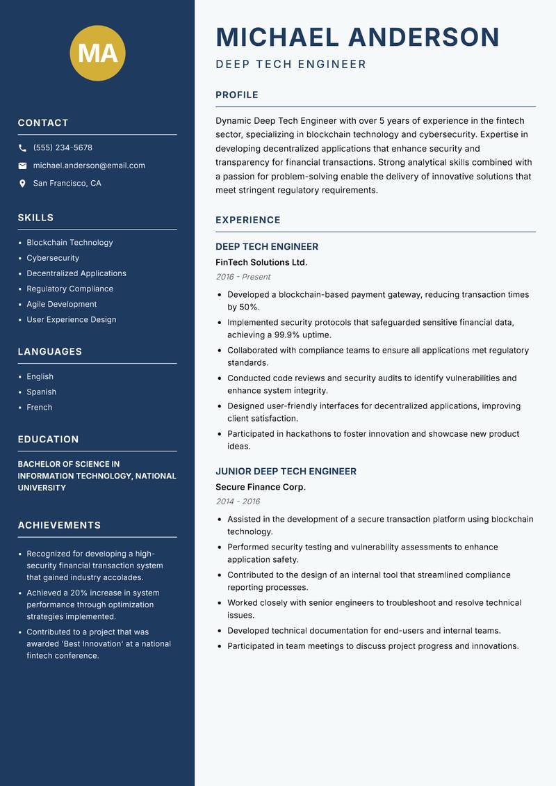 Deep Tech Engineer resume sample — Deep Tech Engineer focus