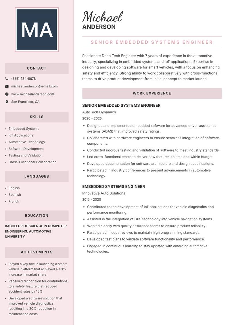 Deep Tech Engineer resume sample — Senior Embedded Systems Engineer focus