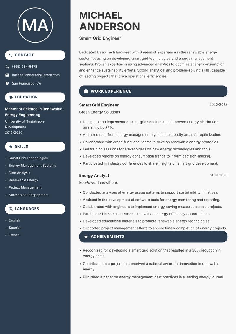 Deep Tech Engineer resume sample — Smart Grid Engineer focus