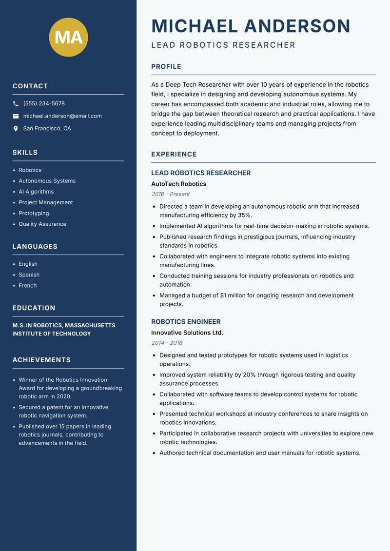 Deep Tech Researcher resume sample — Lead Robotics Researcher focus
