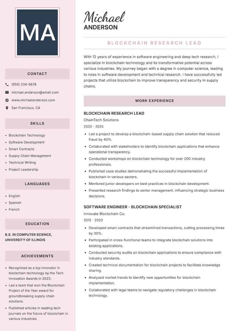 Deep Tech Researcher resume sample — Blockchain Research Lead focus