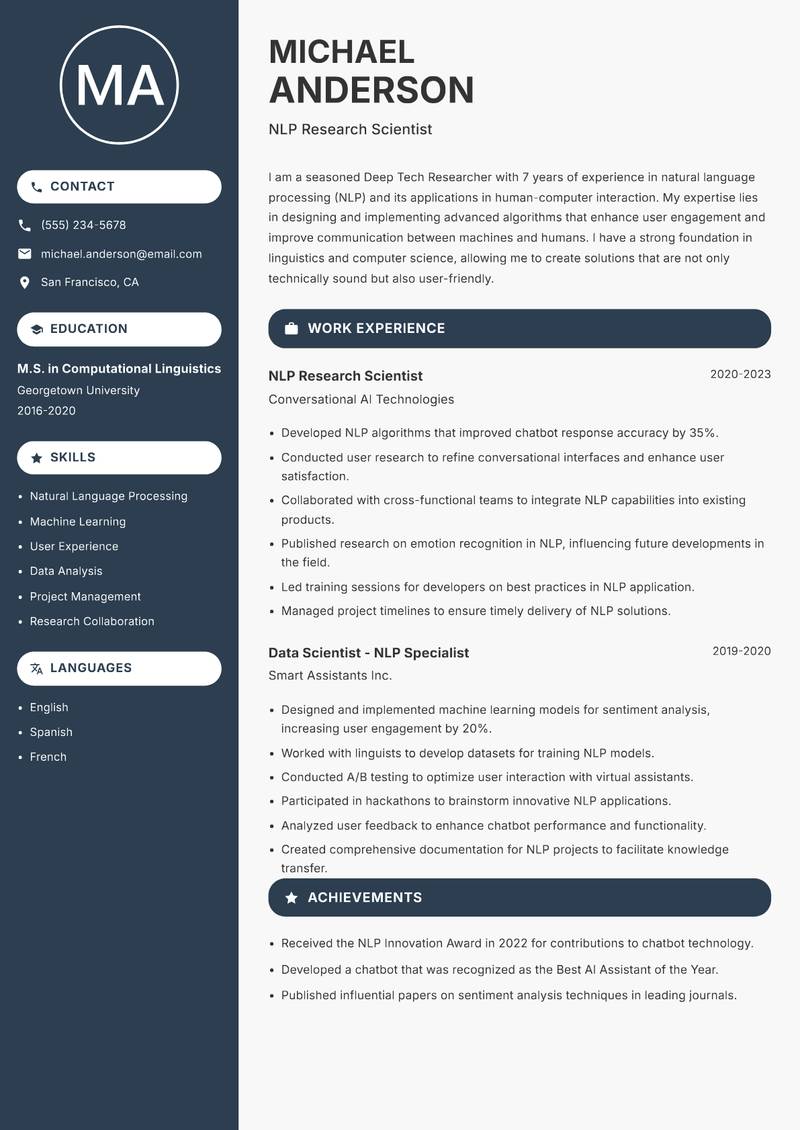 Deep Tech Researcher resume sample — NLP Research Scientist focus