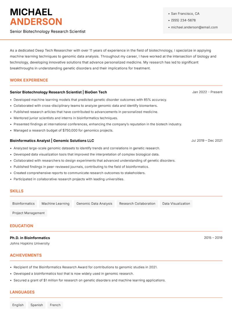 Deep Tech Researcher resume sample — Senior Biotechnology Research Scientist focus