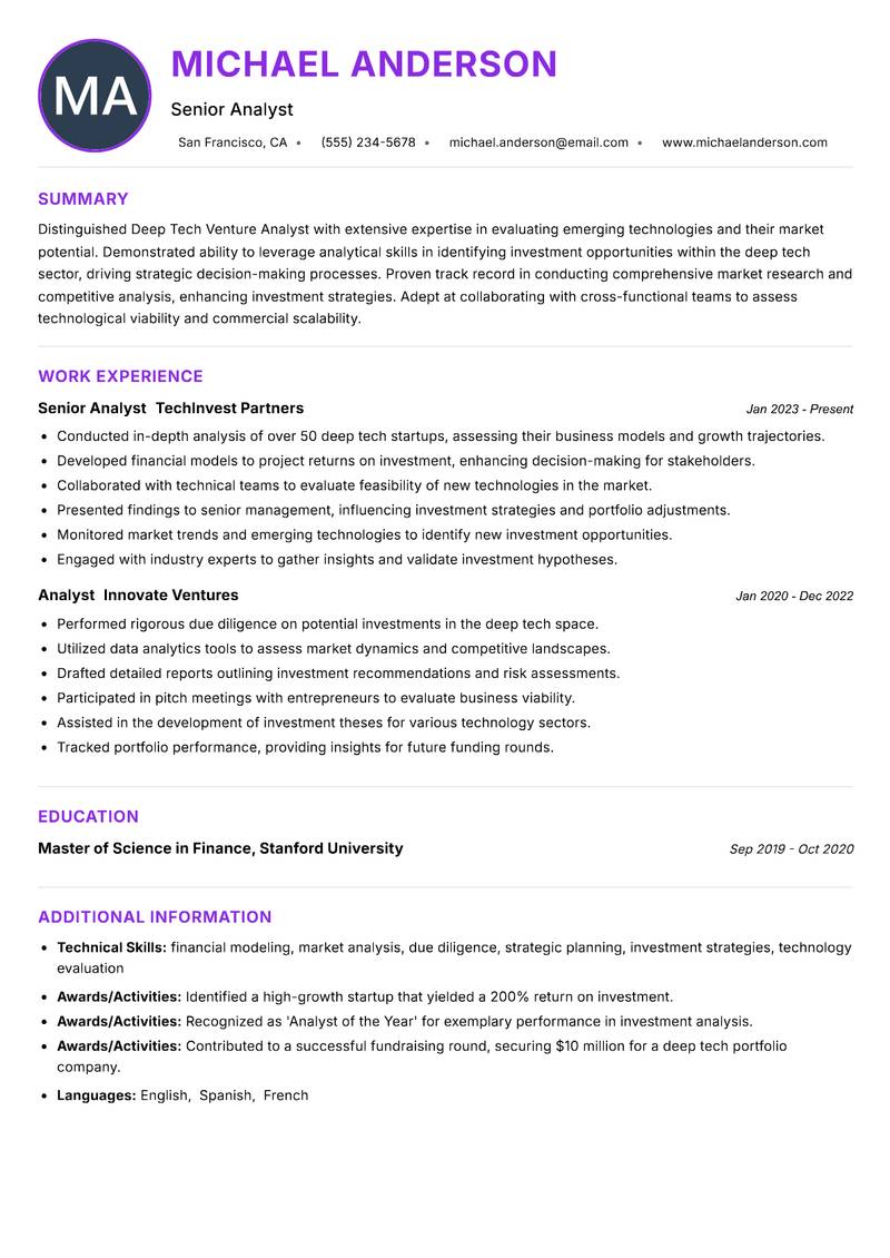 Deep Tech Venture Analyst resume example