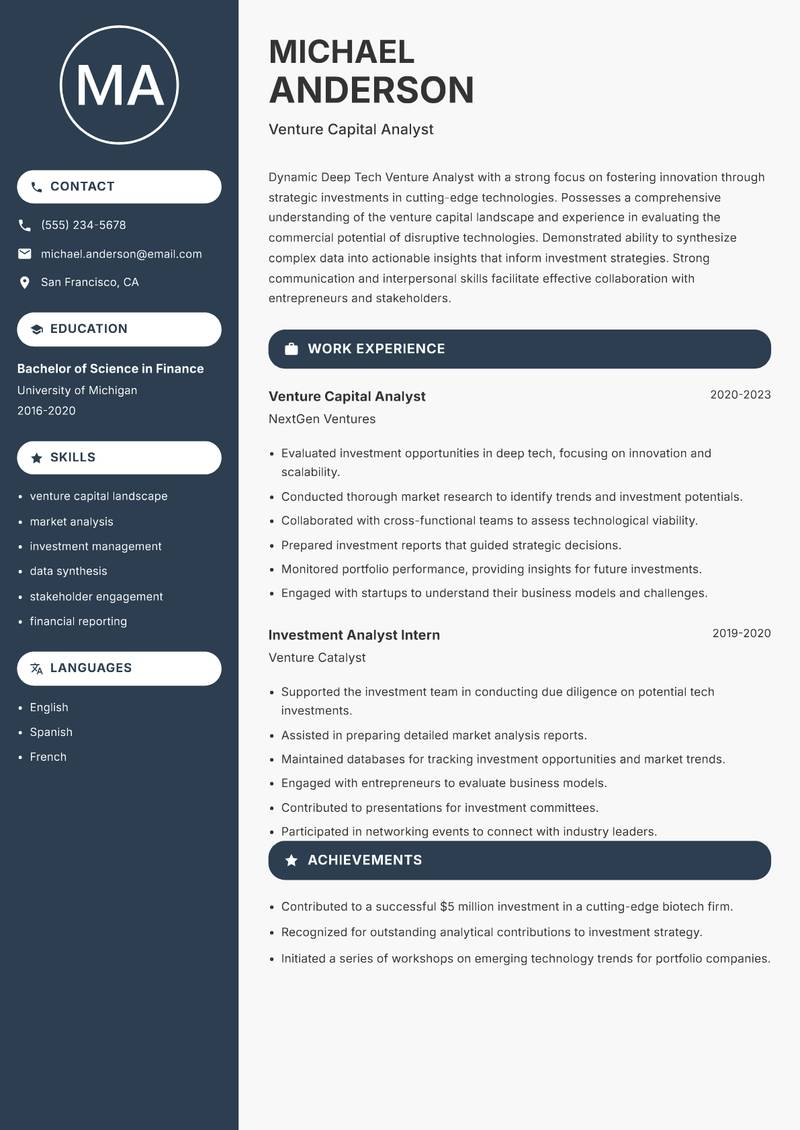 Deep Tech Venture Analyst resume sample — Venture Capital Analyst focus
