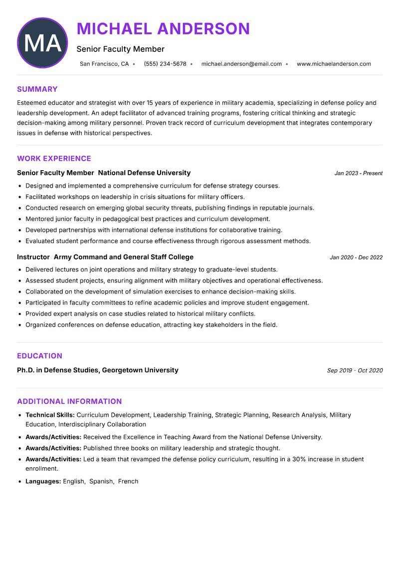 Defense Academy Faculty resume example