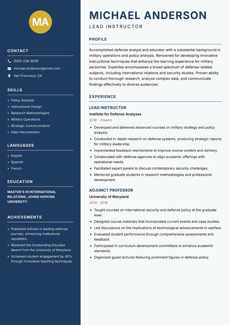 Defense Academy Faculty resume sample — Lead Instructor focus