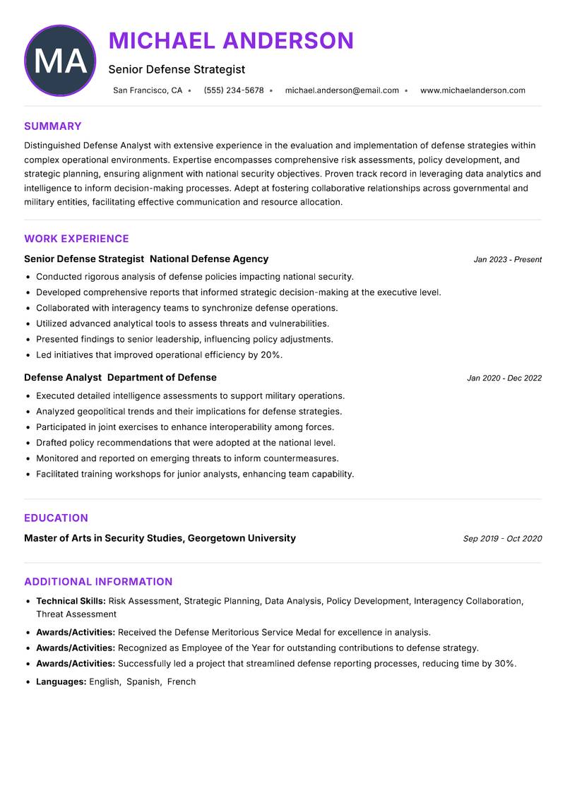 Defense Analyst resume example
