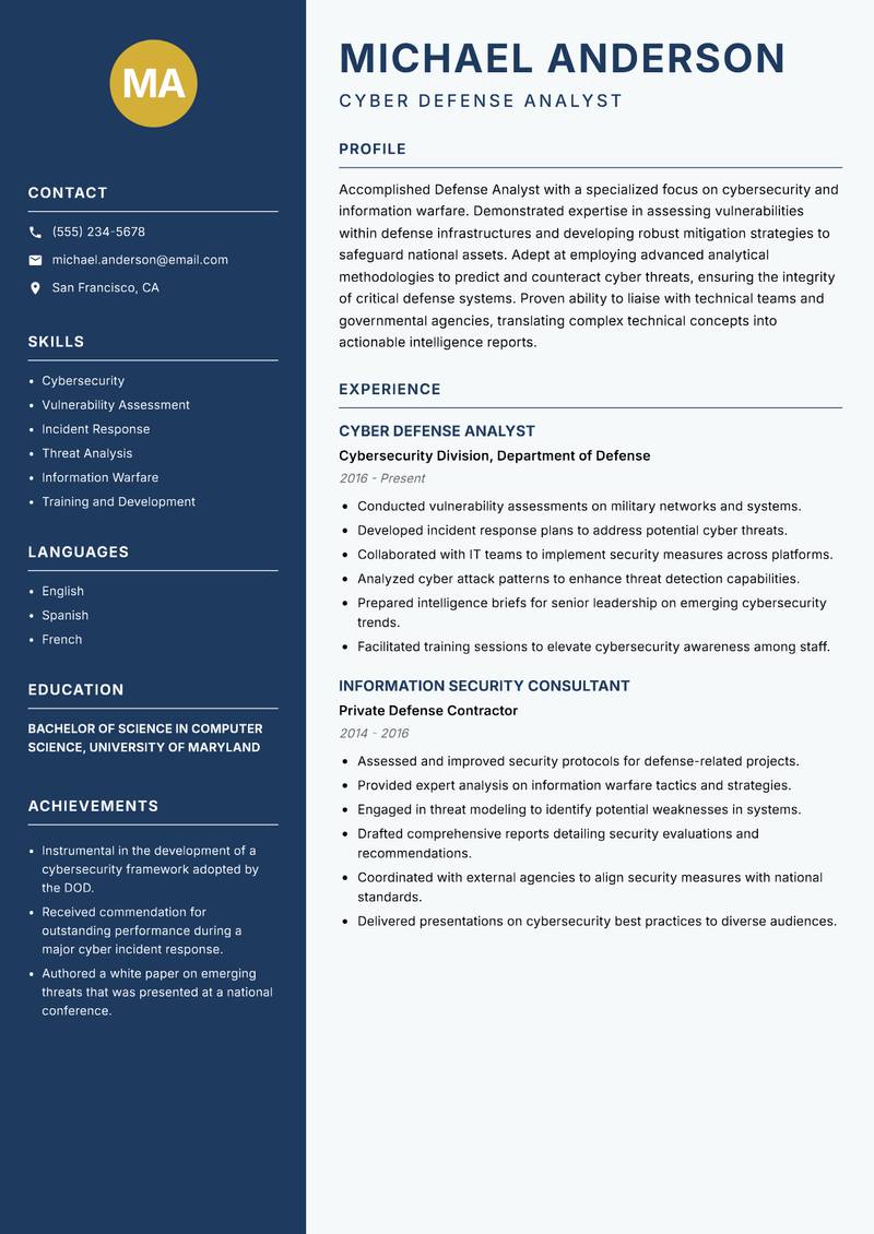 Defense Analyst resume sample — Cyber Defense Analyst focus