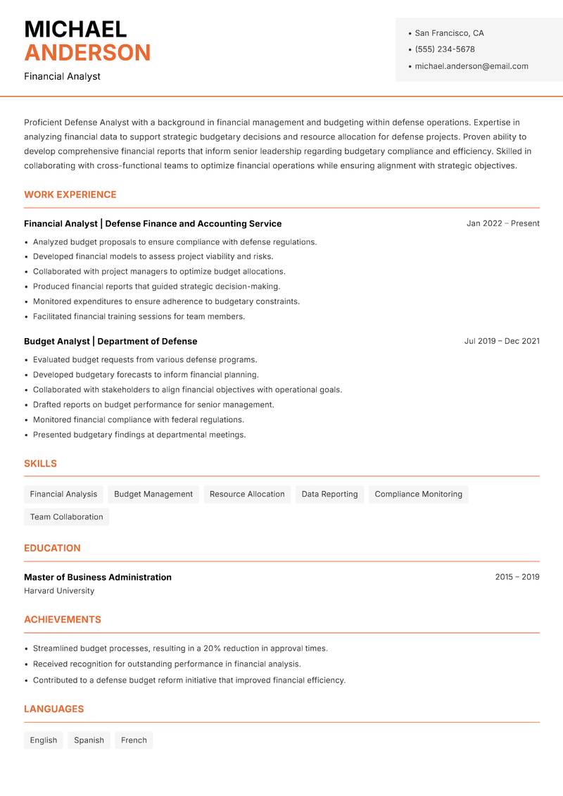 Defense Analyst resume sample — Financial Analyst focus