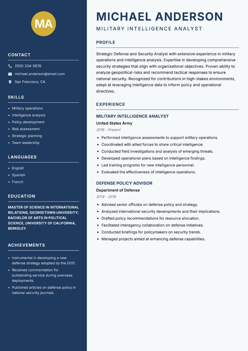 Defense and Security Analyst resume sample — Military Intelligence Analyst focus