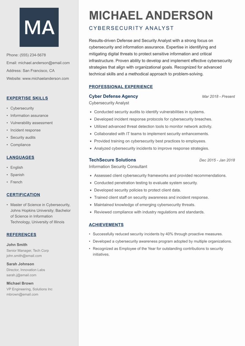 Defense and Security Analyst resume sample — Cybersecurity Analyst focus