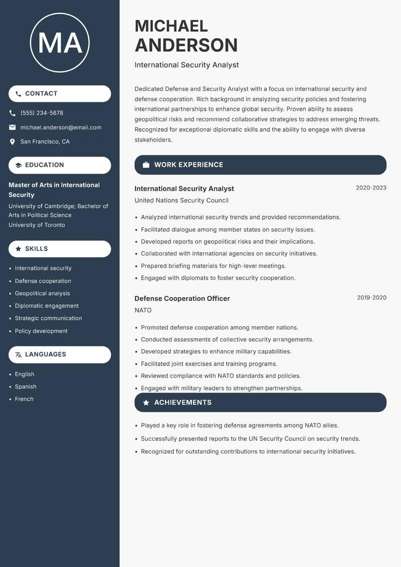Defense and Security Analyst resume sample — International Security Analyst focus