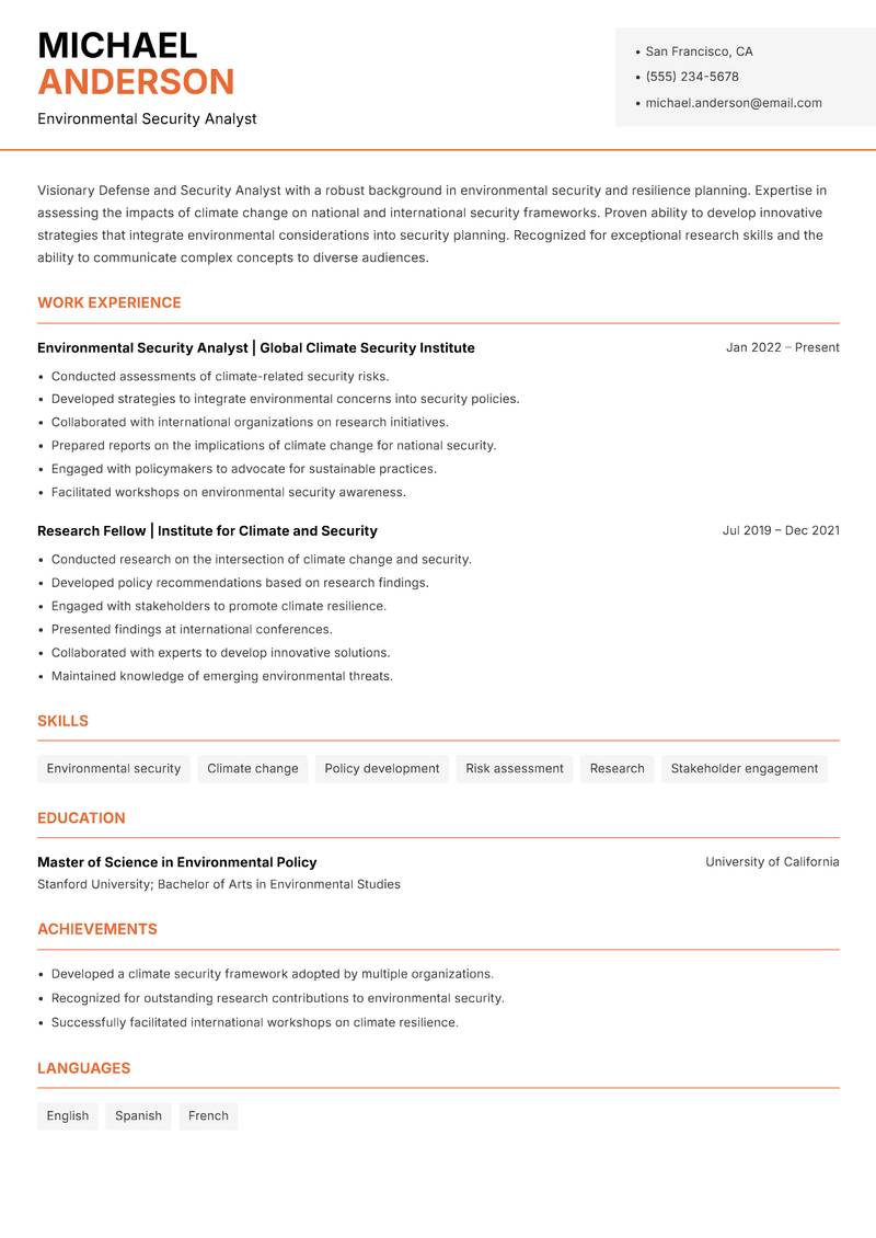 Defense and Security Analyst resume sample — Environmental Security Analyst focus