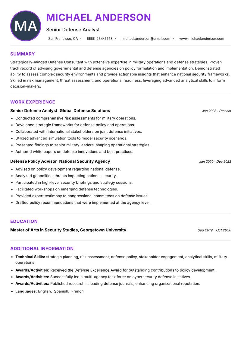 Defense Consultant resume example