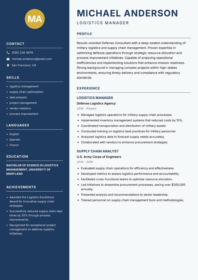 Defense Consultant resume sample — Logistics Manager focus