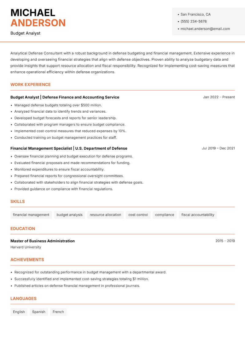 Defense Consultant resume sample — Budget Analyst focus