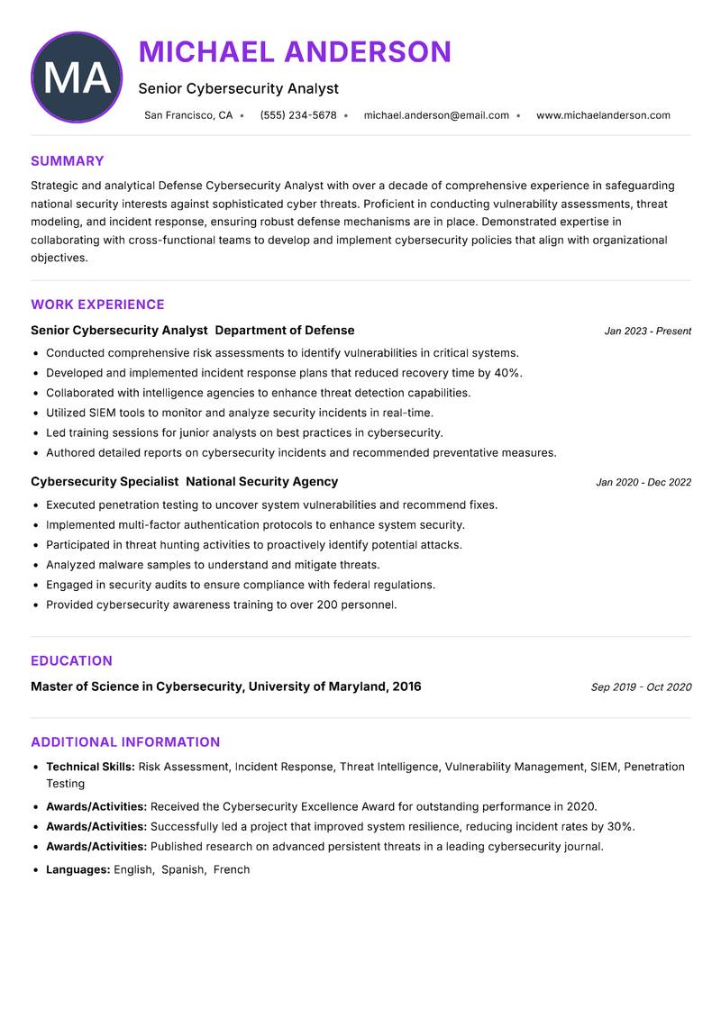 Defense Cybersecurity Analyst resume example