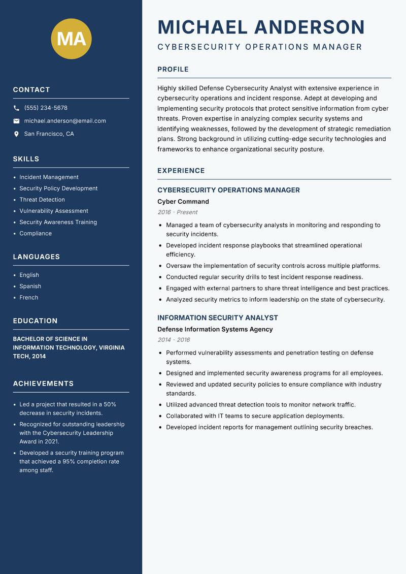 Defense Cybersecurity Analyst resume sample — Cybersecurity Operations Manager focus