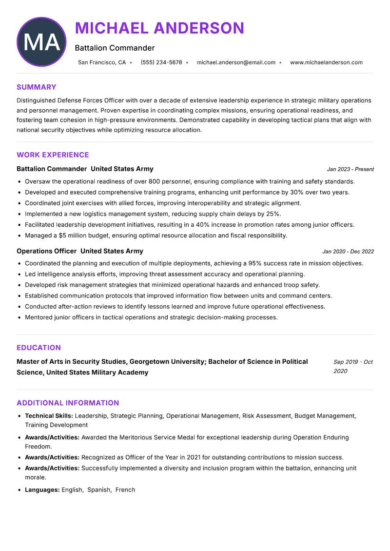 Defense Forces Officer resume example