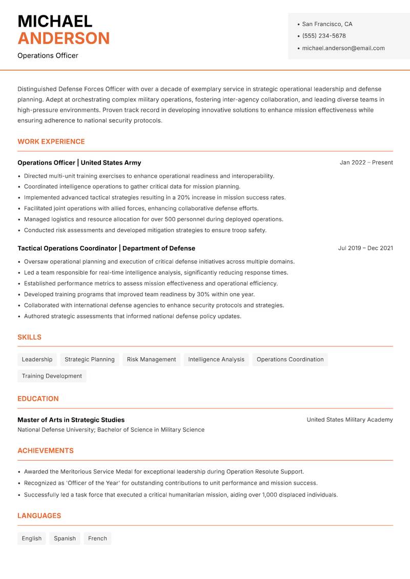 Defense Forces Officer resume sample — Operations Officer focus
