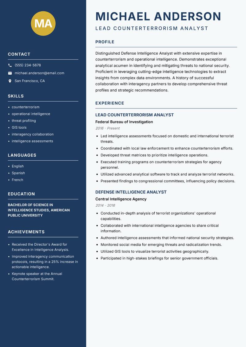 Defense Intelligence Analyst resume sample — Lead Counterterrorism Analyst focus