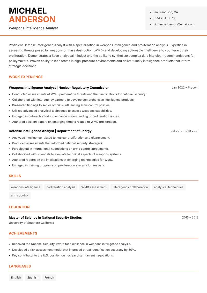 Defense Intelligence Analyst resume sample — Weapons Intelligence Analyst focus