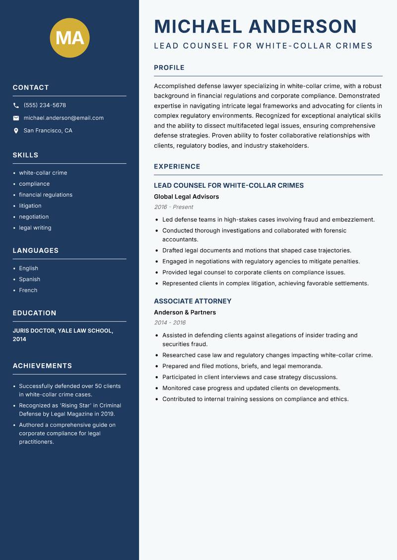 Defense Lawyer resume sample — Lead Counsel for White-Collar Crimes focus