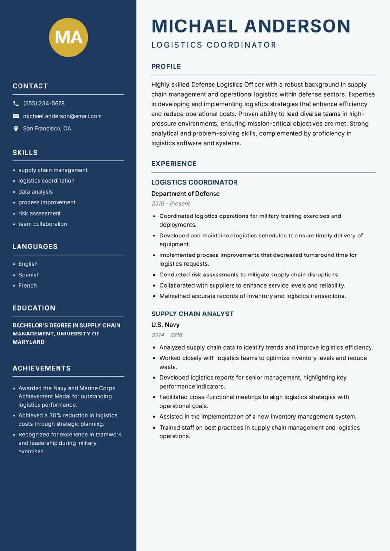 Defense Logistics Officer resume sample — Logistics Coordinator focus