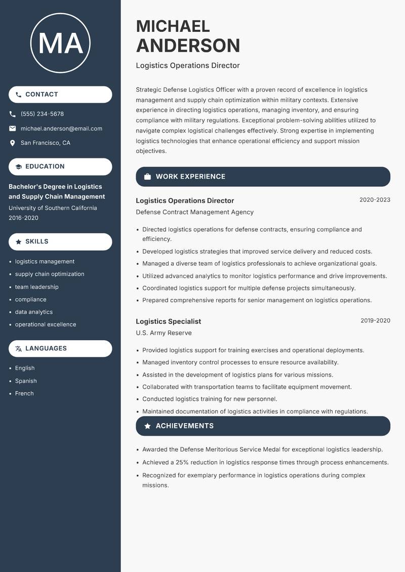 Defense Logistics Officer resume sample — Logistics Operations Director focus
