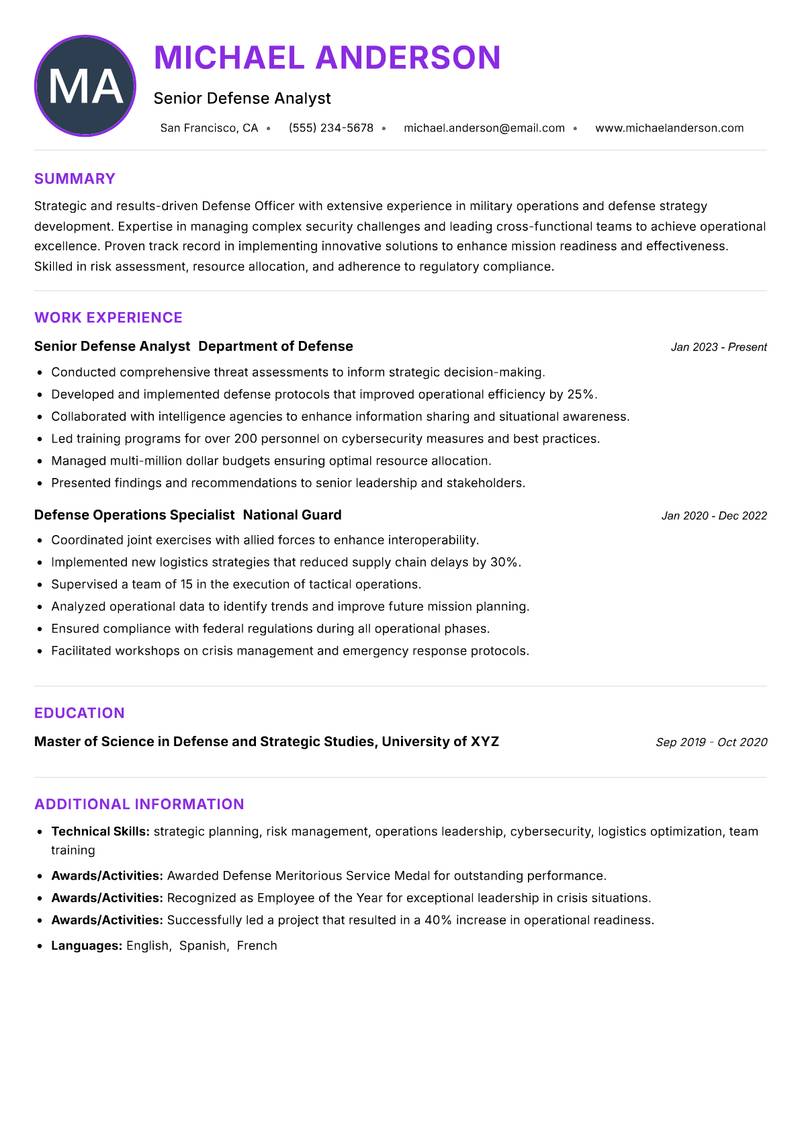 Defense Officer resume example