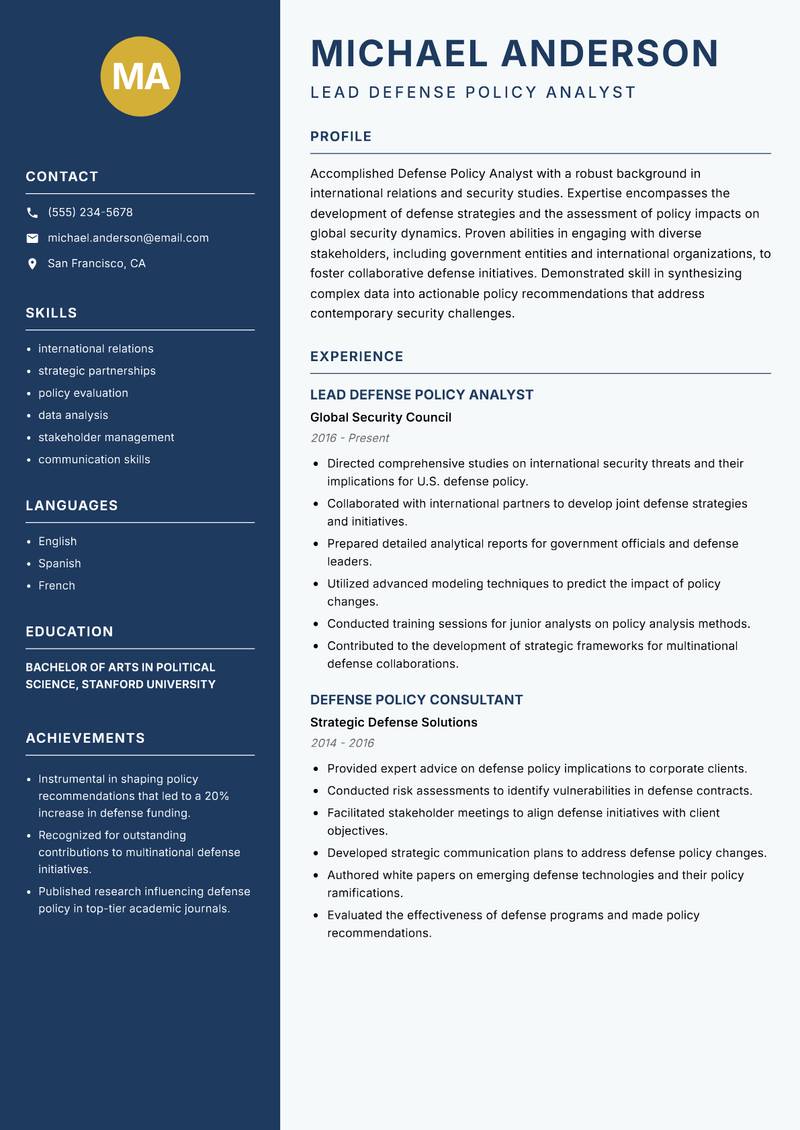 Defense Policy Analyst resume sample — Lead Defense Policy Analyst focus