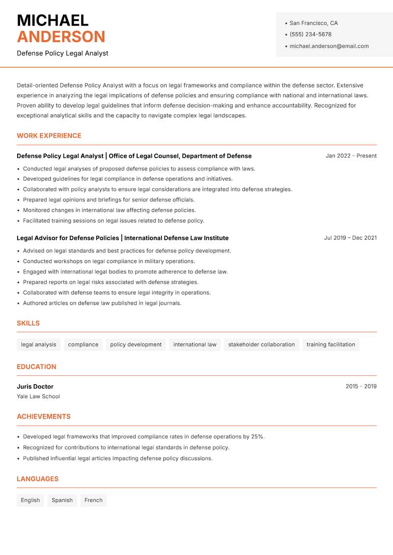 Defense Policy Analyst resume sample — Defense Policy Legal Analyst focus