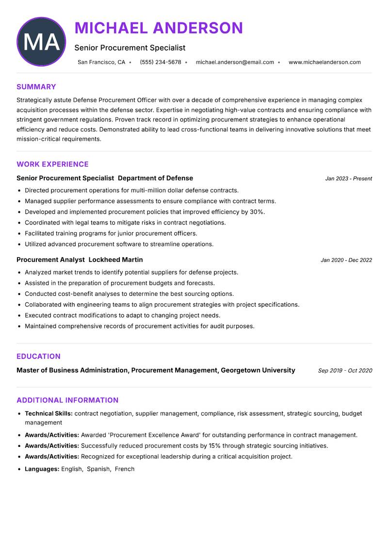 Defense Procurement Officer resume example