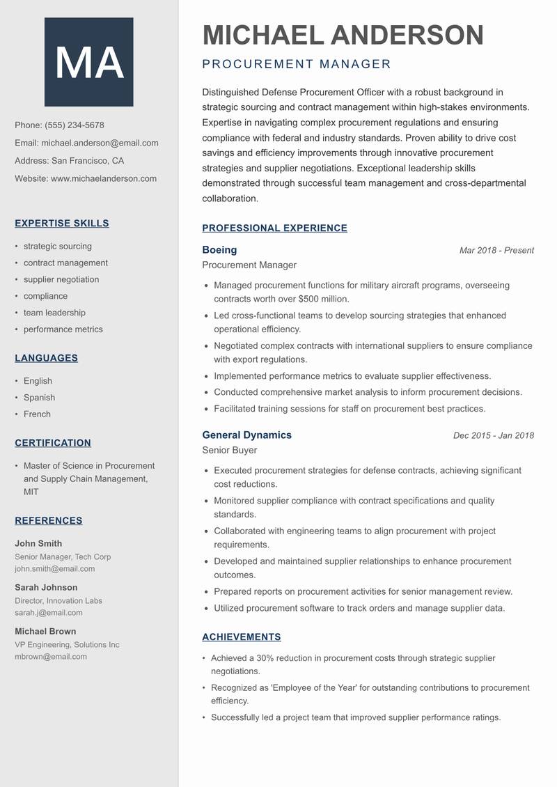 Defense Procurement Officer resume sample — Procurement Manager focus