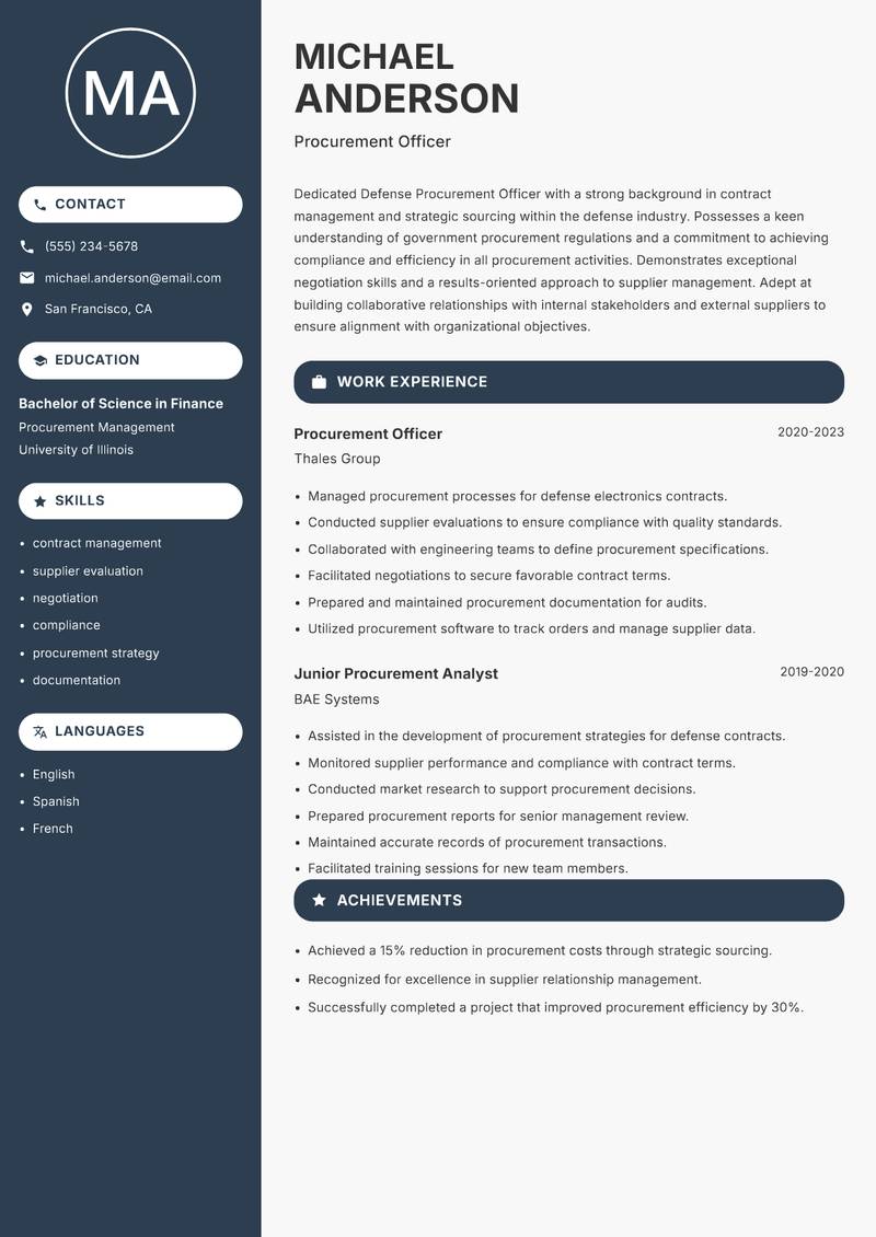 Defense Procurement Officer resume sample — Procurement Officer focus