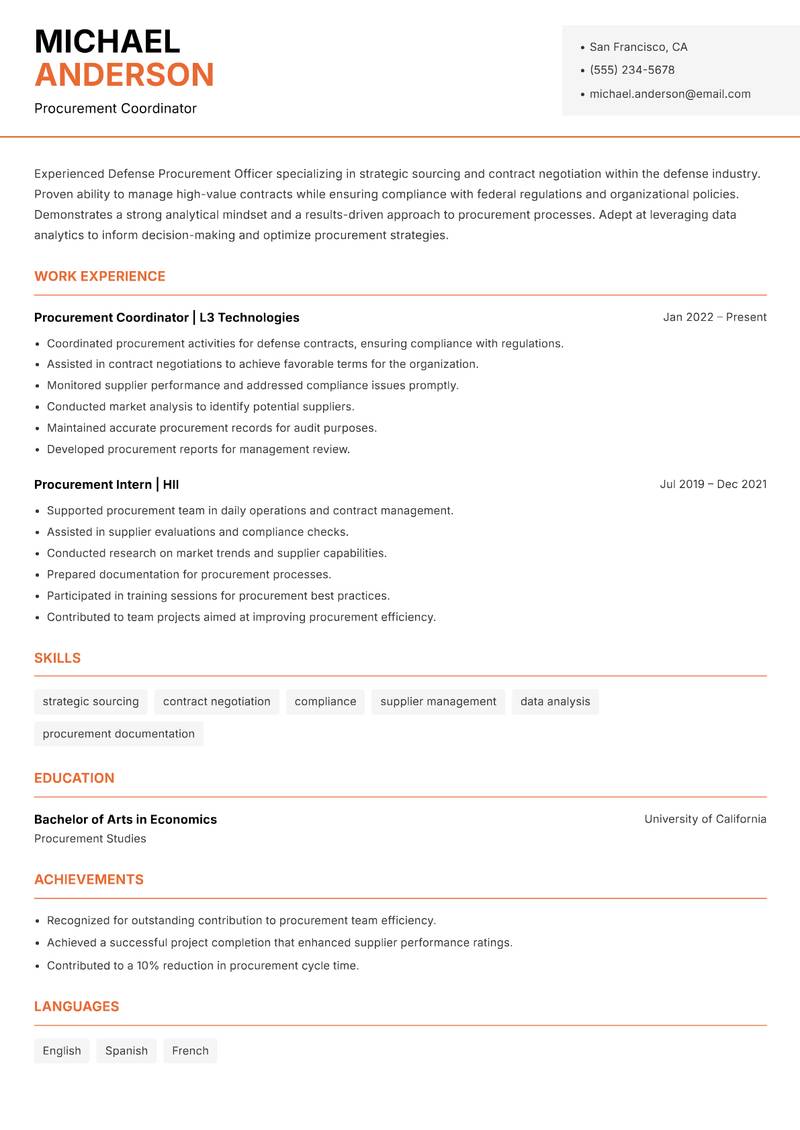 Defense Procurement Officer resume sample — Procurement Coordinator focus