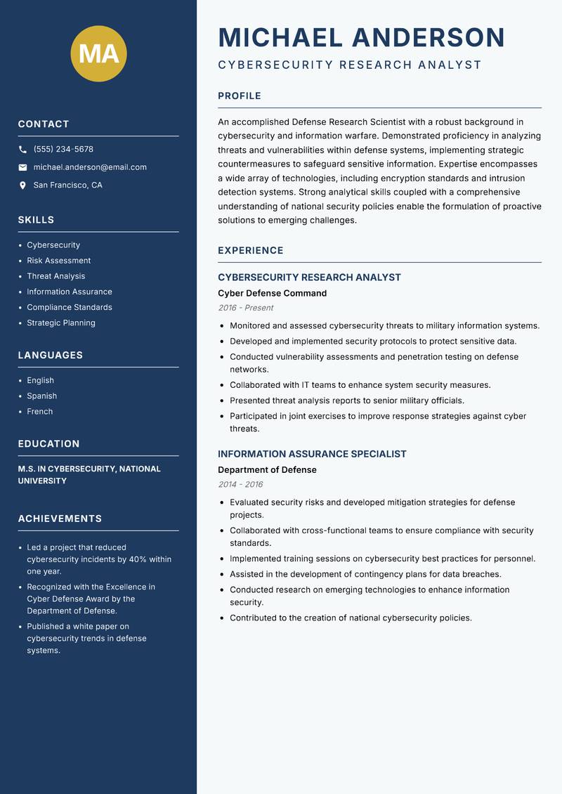 Defense Research Scientist resume sample — Cybersecurity Research Analyst focus