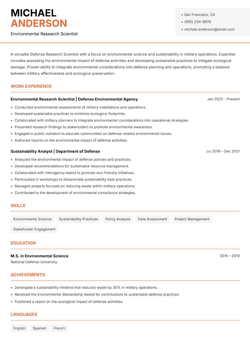 Defense Research Scientist resume sample — Environmental Research Scientist focus