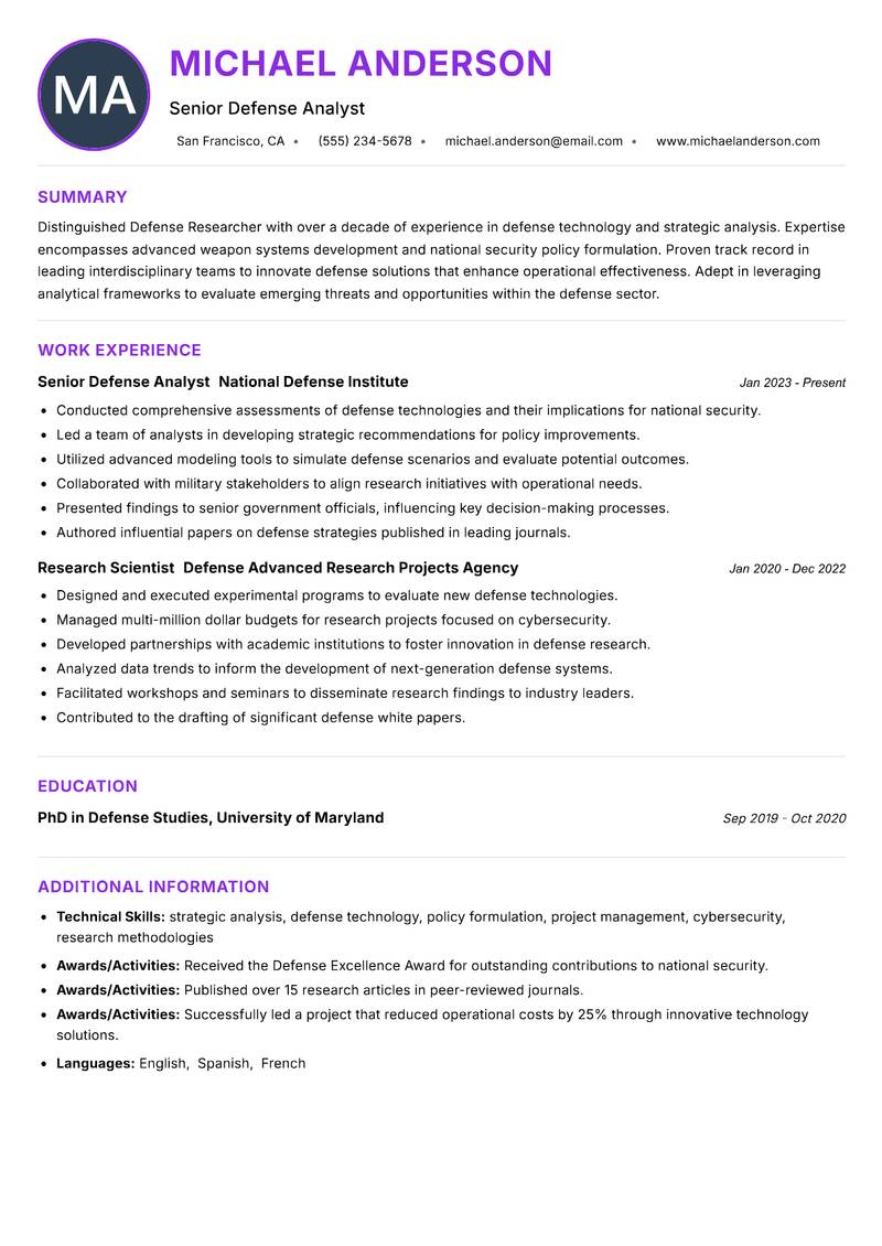 Defense Researcher resume example