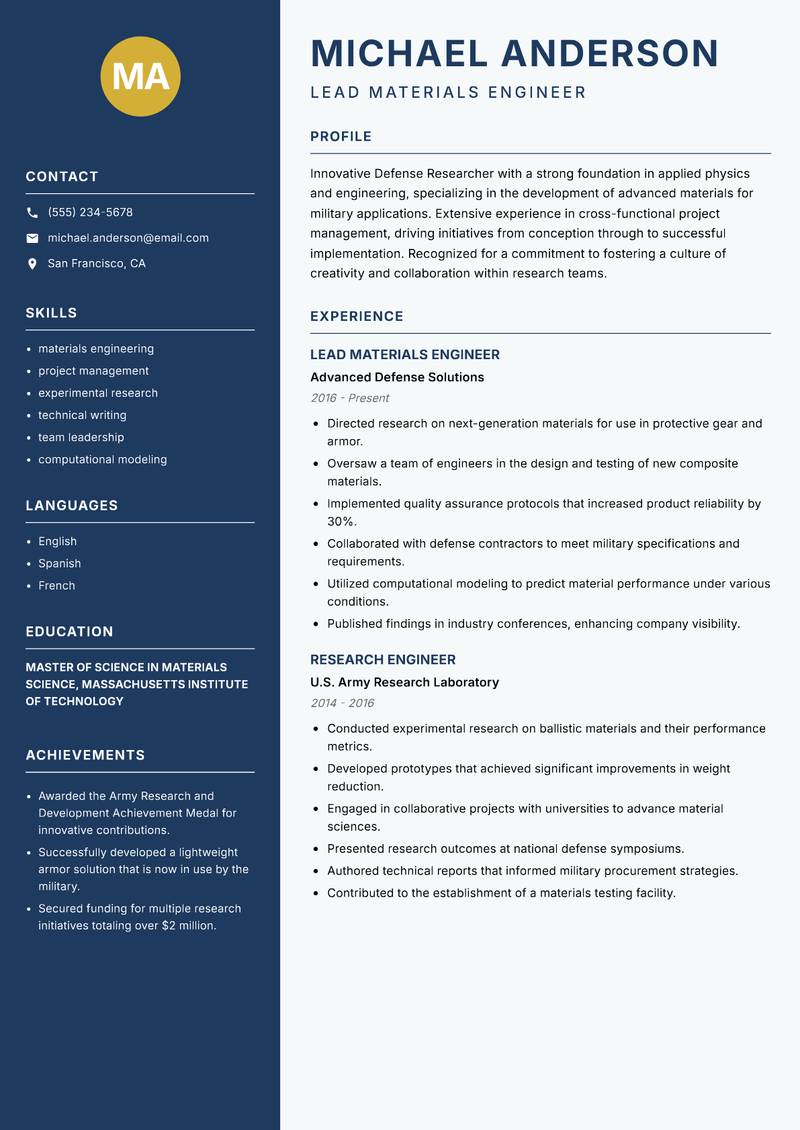 Defense Researcher resume sample — Lead Materials Engineer focus