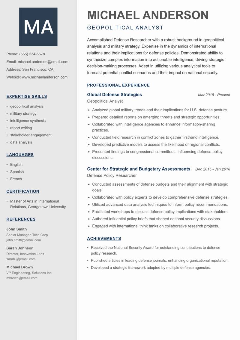 Defense Researcher resume sample — Geopolitical Analyst focus