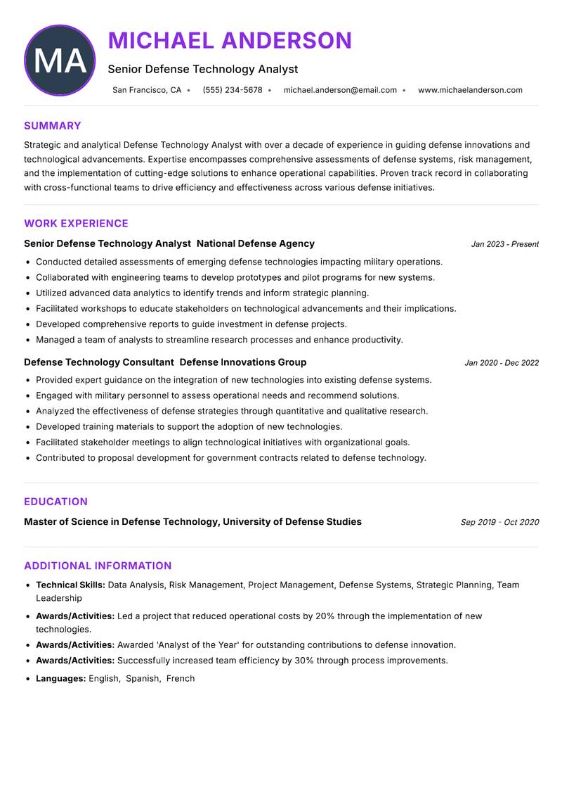 Defense Technology Analyst resume example