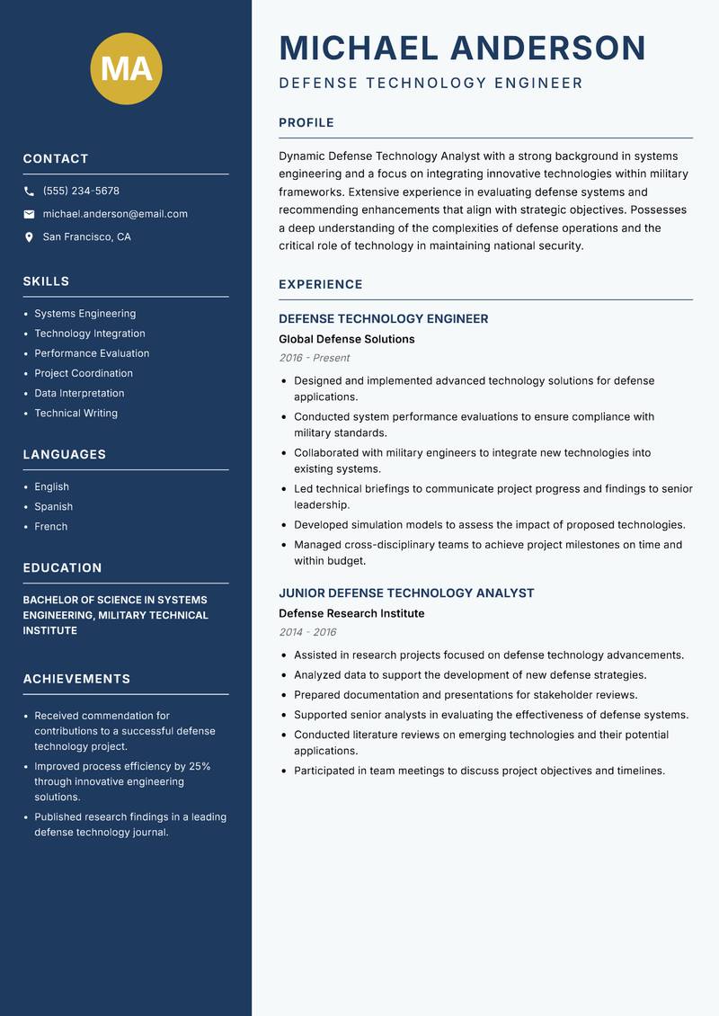 Defense Technology Analyst resume sample — Defense Technology Engineer focus